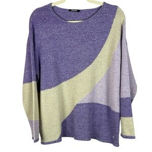 Olsen Abstract Colorblock Crew Neck Long Sleeve XL Knit Sweater - Purple & Cream